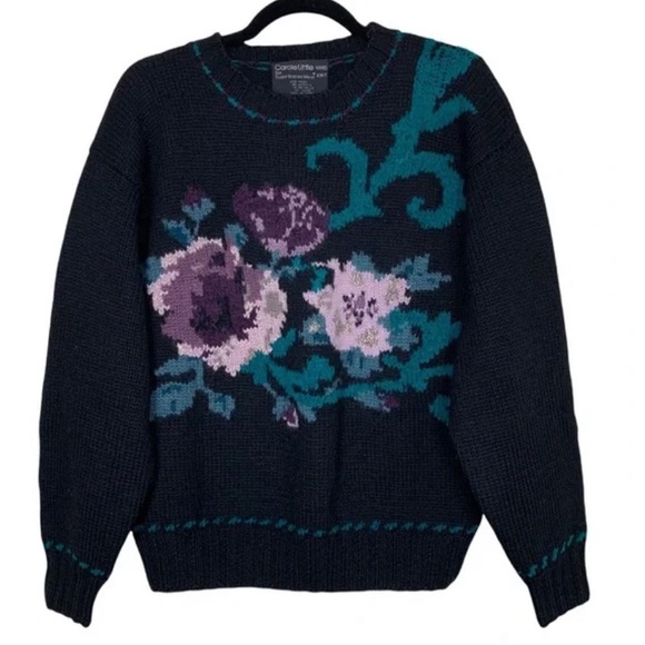 Carole Little Sweaters - Vintage 80s Carole Little For St. Tropez West Black Hand Knit Floral Sweater S